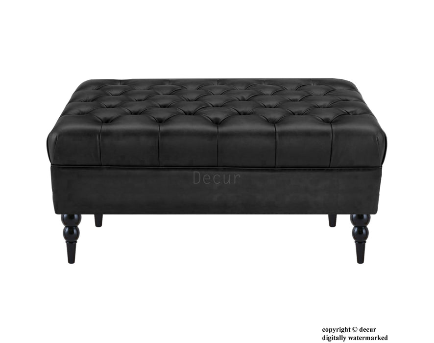 Vegan Leather Buttoned Footstool - Black