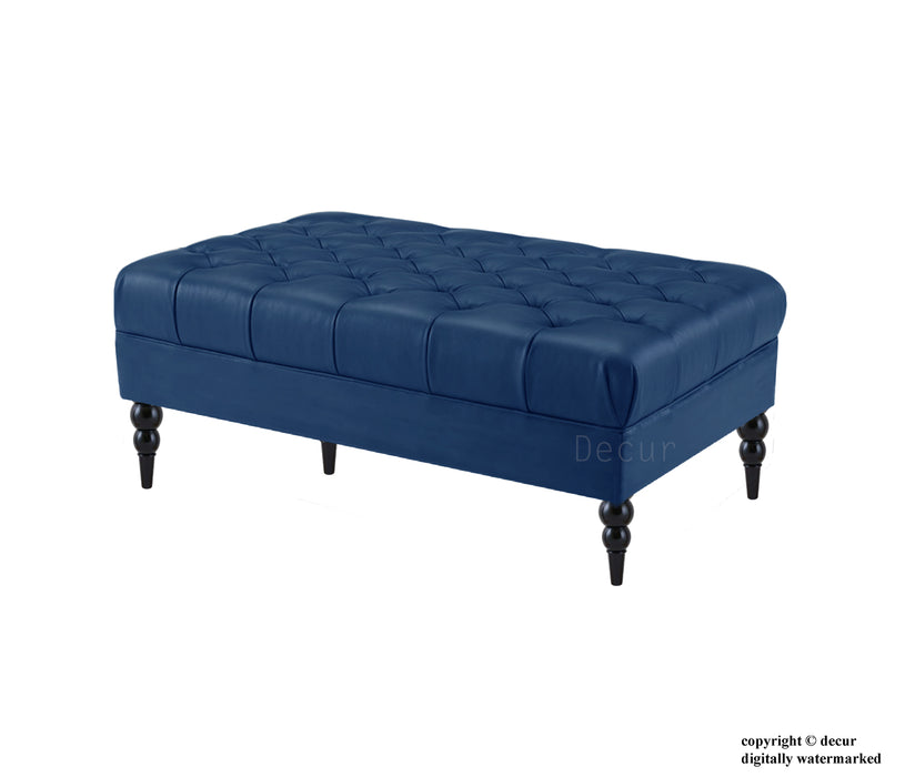 Vegan Leather Buttoned Footstool - Navy