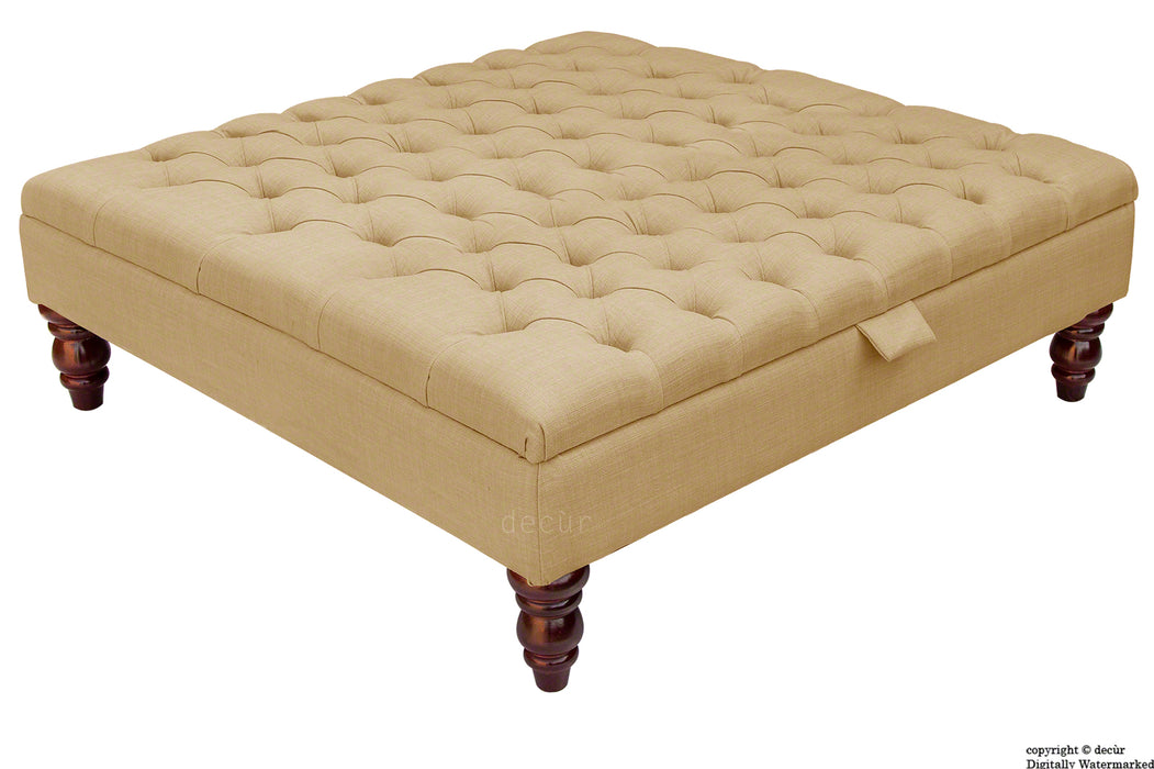 Tiffany Buttoned Linen Footstool Large - Honey with Optional Storage