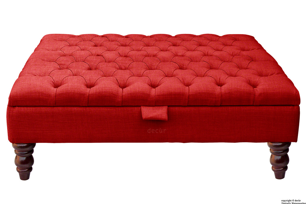 Tiffany Buttoned Linen Footstool Large - Ruby with Optional Storage