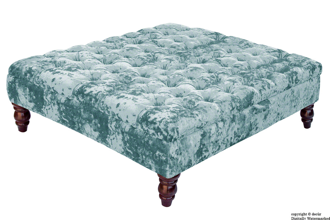 Tiffany Buttoned Crushed Velvet Footstool Large - Azure with Optional Storage