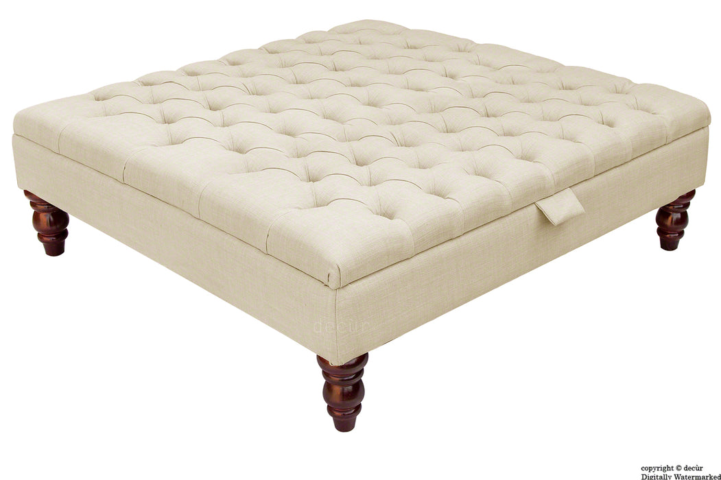 Tiffany Buttoned Linen Footstool Large - Cream with Optional Storage