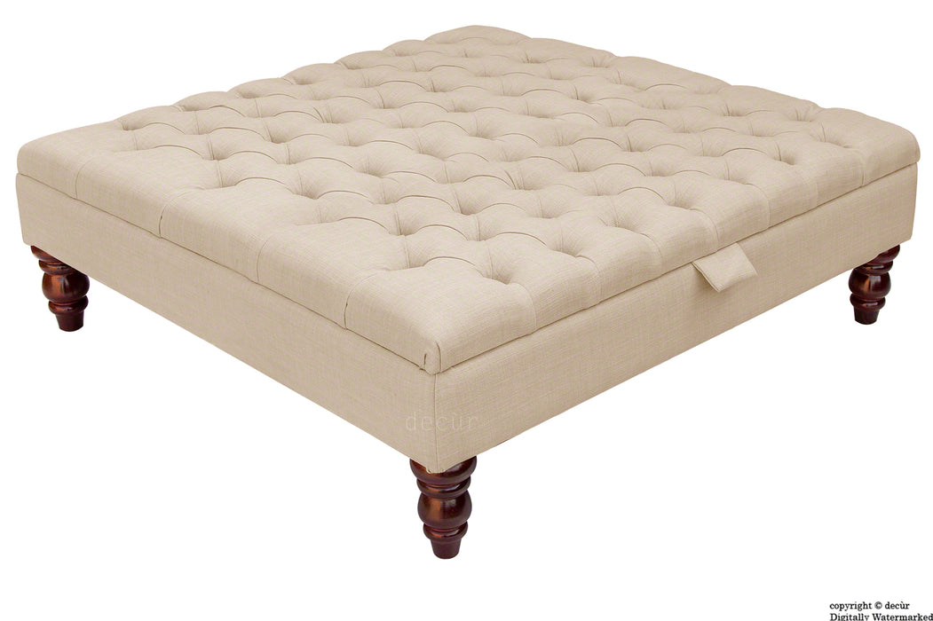 Tiffany Buttoned Linen Footstool Large - Sand with Optional Storage