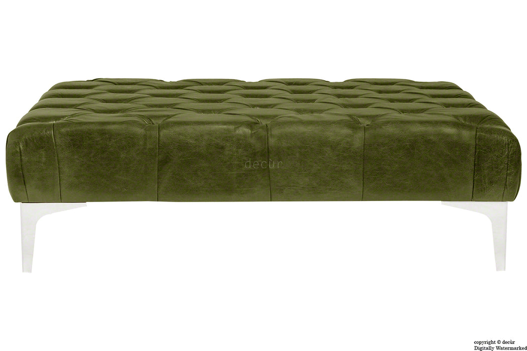 Cecil Modern Buttoned Leather Footstool - Olive Green