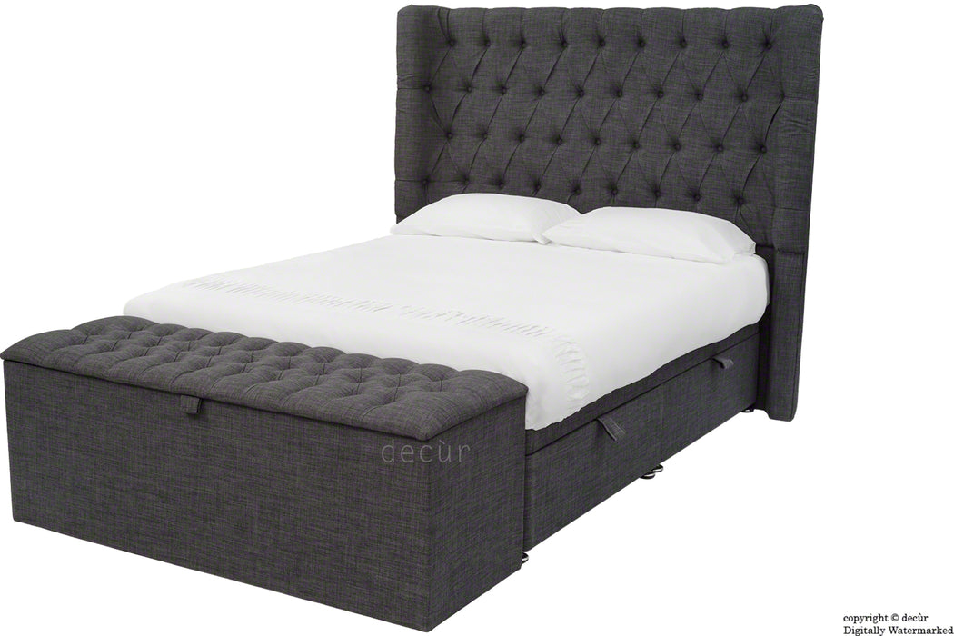 Hollyrood Linen Upholstered Winged Ottoman Bed - Charcoal