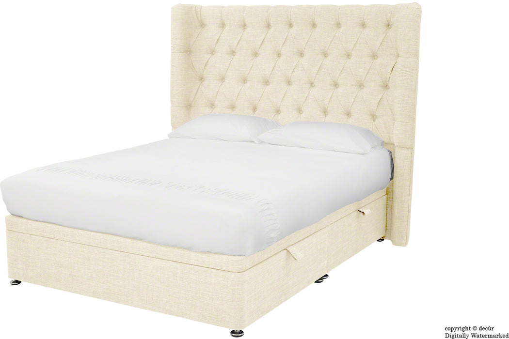 Hollyrood Linen Upholstered Winged Ottoman Bed - Cream