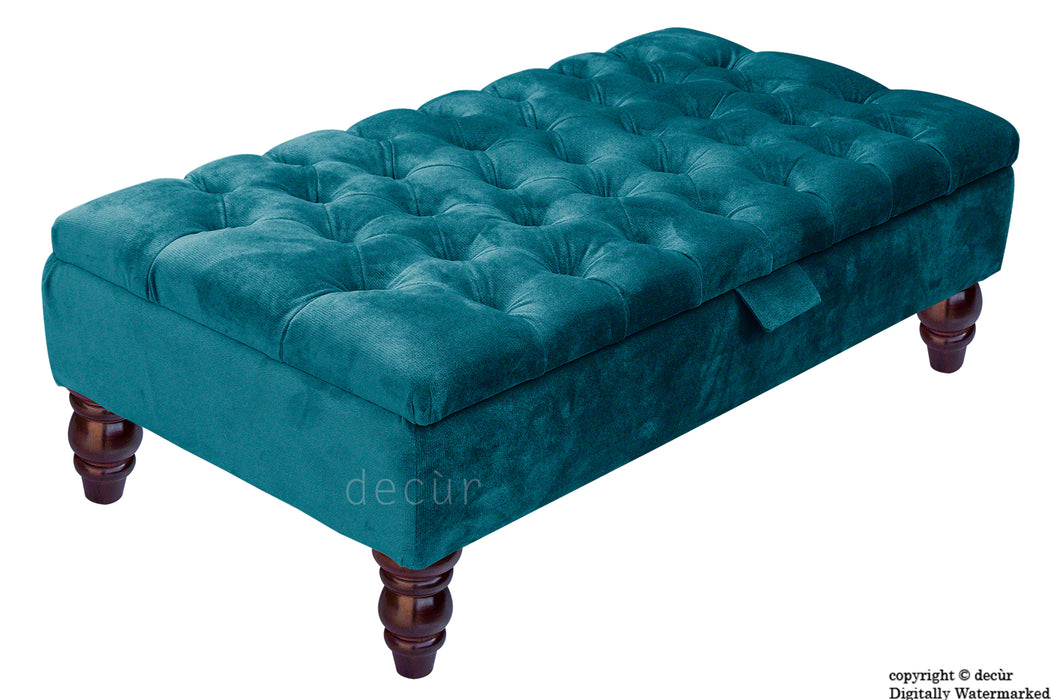 Tiffany Buttoned Velvet Footstool - Peacock with Optional Storage