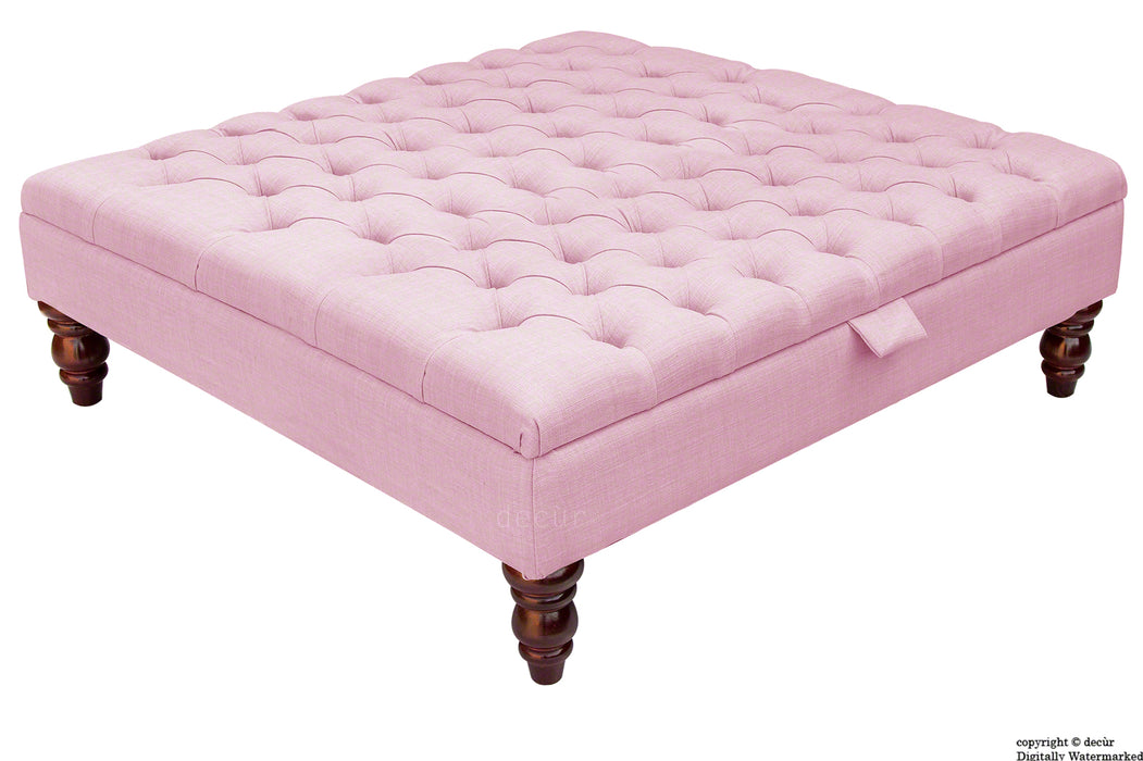 Tiffany Buttoned Linen Footstool Large - Pink with Optional Storage