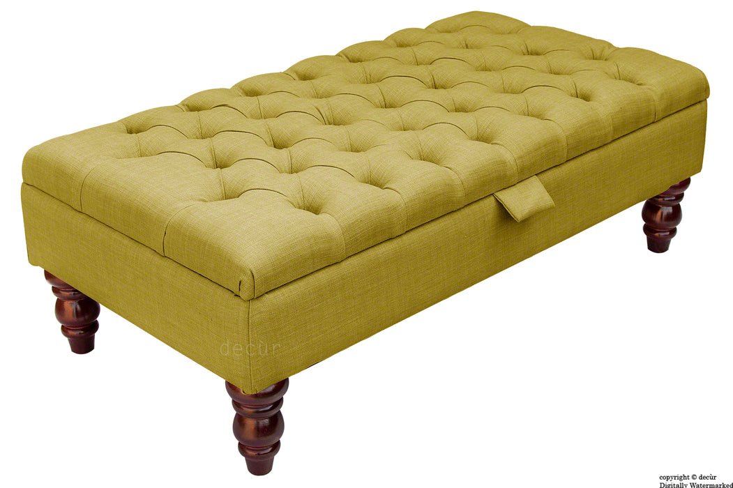 Tiffany Buttoned Linen Footstool - Olive with Optional Storage