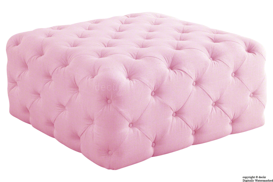Ralph Buttoned Linen Footstool / Ottoman - Pink