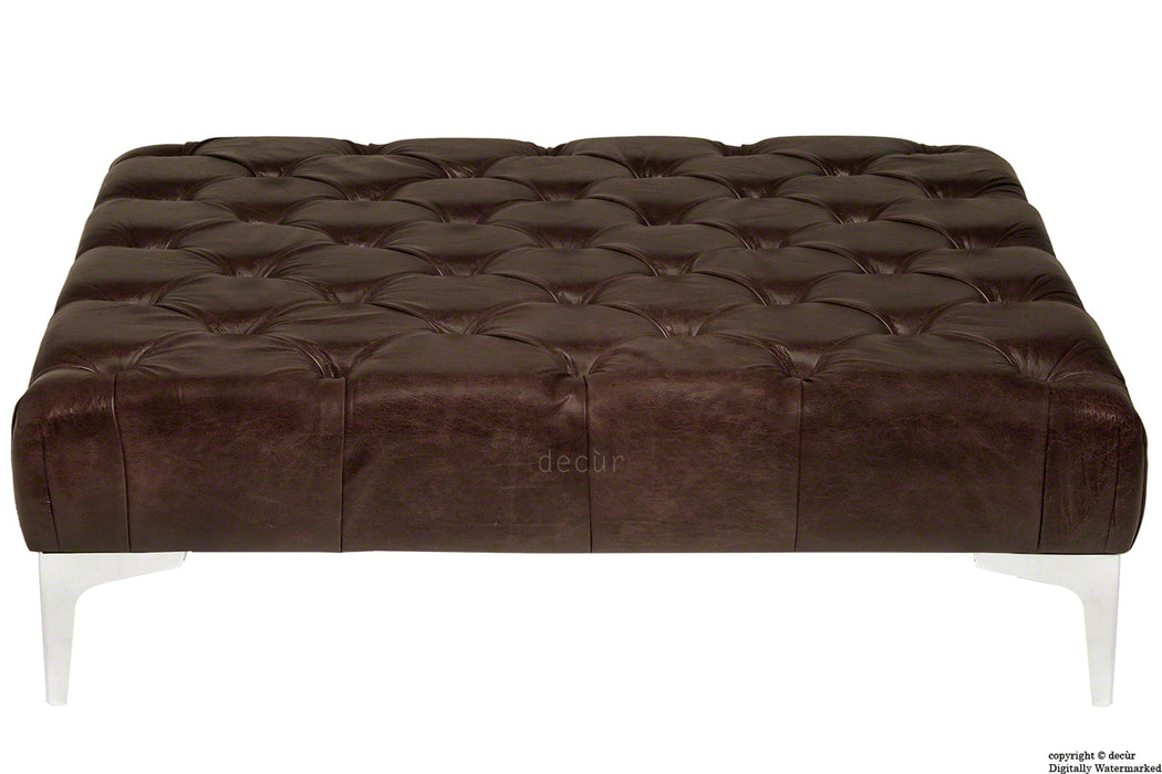 Cecil Modern Buttoned Leather Footstool - Dark Brown