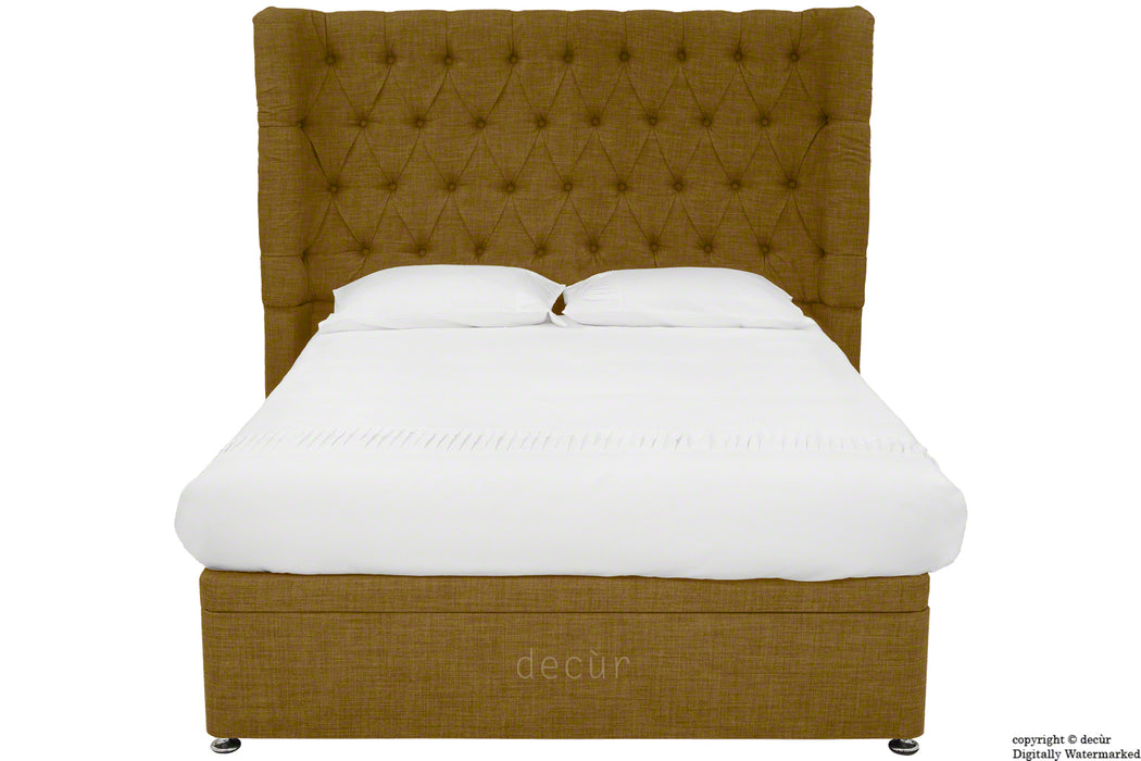 Hollyrood Linen Upholstered Winged Ottoman Bed - Coffee
