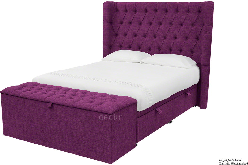 Hollyrood Linen Upholstered Winged Ottoman Bed - Plum