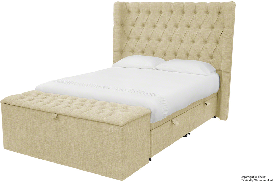 Hollyrood Linen Upholstered Winged Ottoman Bed - Sand