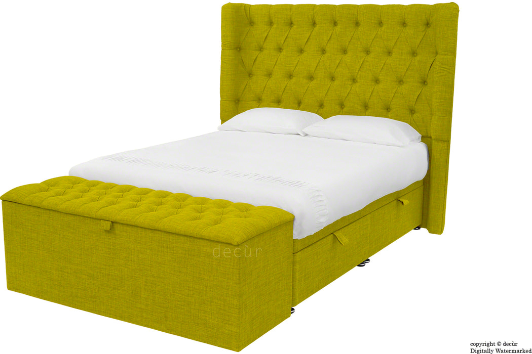 Hollyrood Linen Upholstered Winged Ottoman Bed - Olive