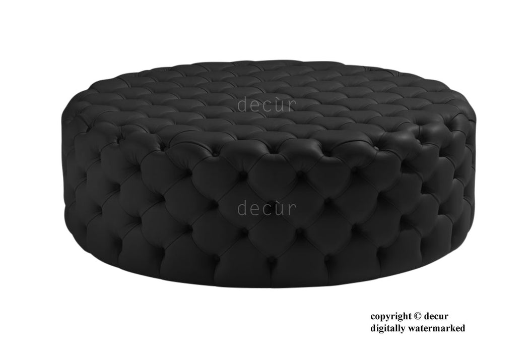 Round Leather Buttoned Ottoman / Footstool - Black