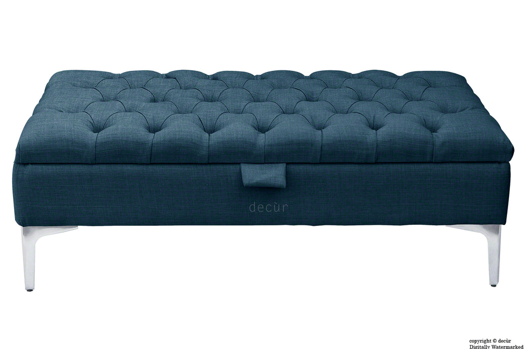Tiffany Modern Buttoned Linen Footstool - Midnight with Optional Storage