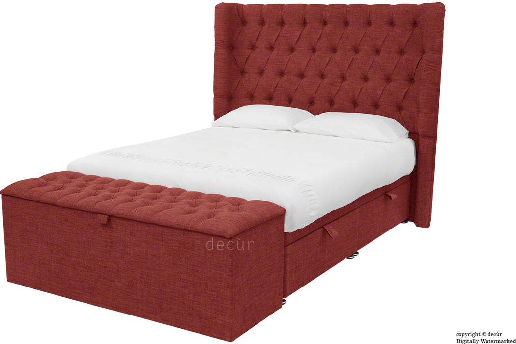 Hollyrood Linen Upholstered Winged Ottoman Bed - Wine
