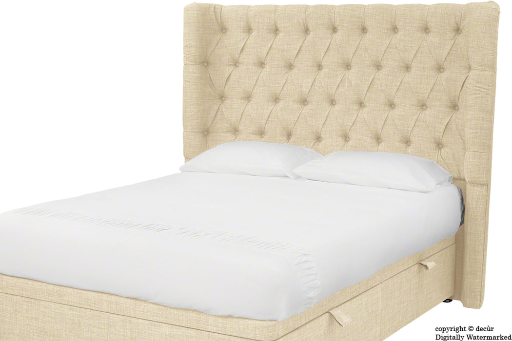 Hollyrood Buttoned Linen Winged Headboard - Pearl