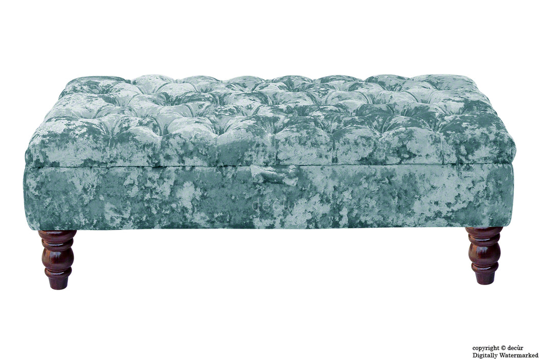 Tiffany Buttoned Crushed Velvet Footstool - Azure with Optional Storage