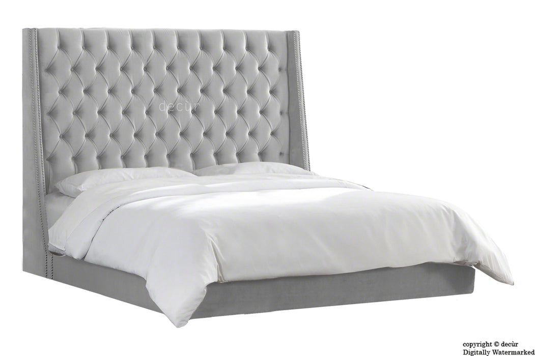 Sandringham Velvet Upholstered Winged Bed - Silver (Swarovski Options)
