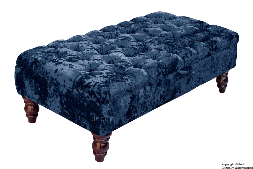 Tiffany Buttoned Crushed Velvet Footstool - Sapphire with Optional Storage