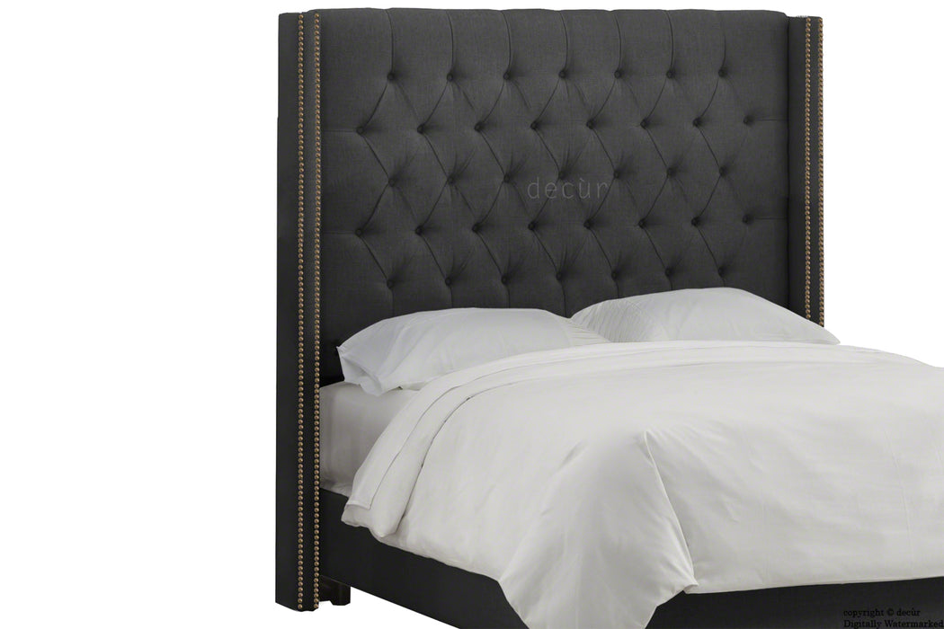 Balmoral Buttoned Linen Winged Headboard - Charcoal
