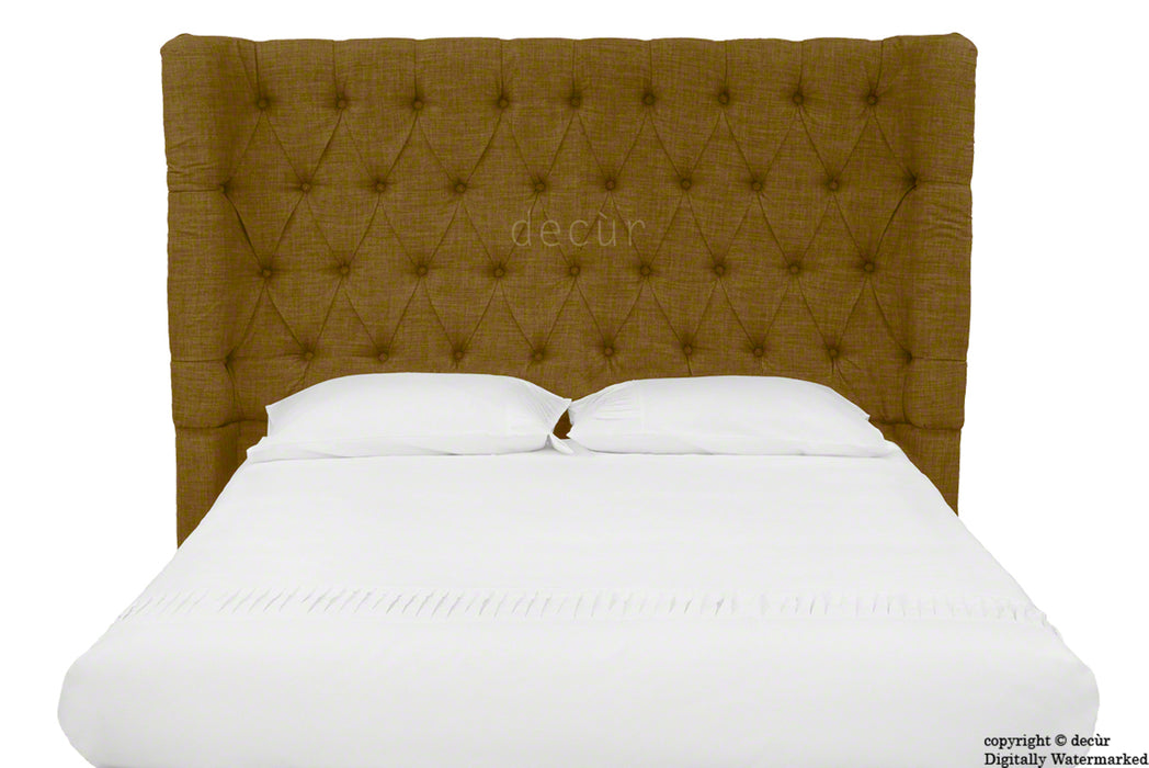 Hollyrood Buttoned Linen Winged Headboard - Coffee