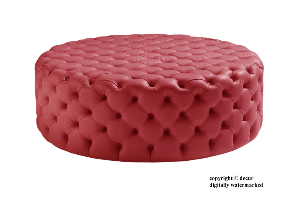 Round Leather Buttoned Ottoman / Footstool - Red