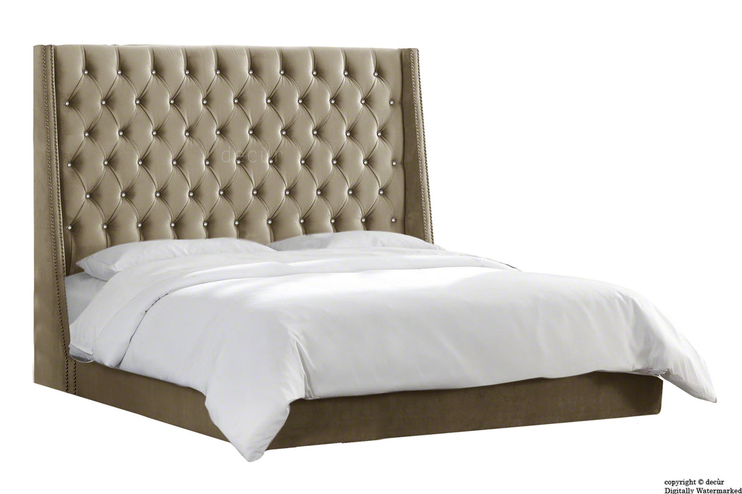 Sandringham Velvet Upholstered Winged Bed - Taupe (Swarovski Options)